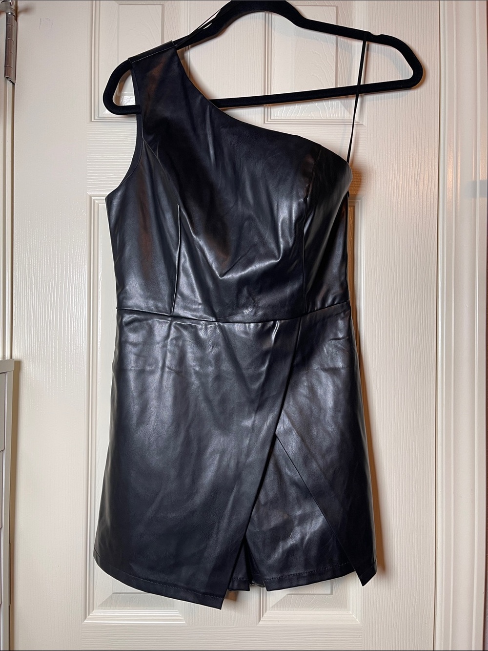 Asymmetrical One-Shoulder Black Faux Leather Mini Dress
